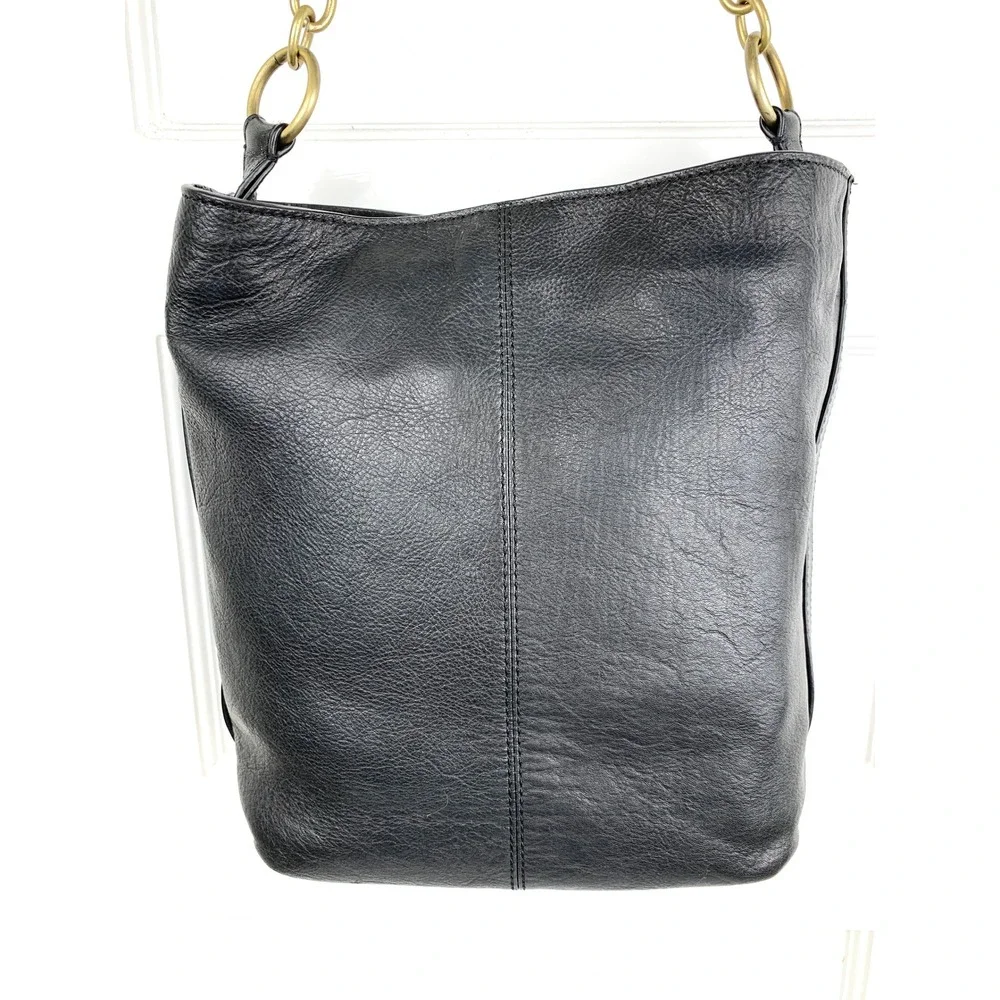 Laundry by Shelli Segal Black Leather Hobo Bucket Purse Gold Chain Strap Medium